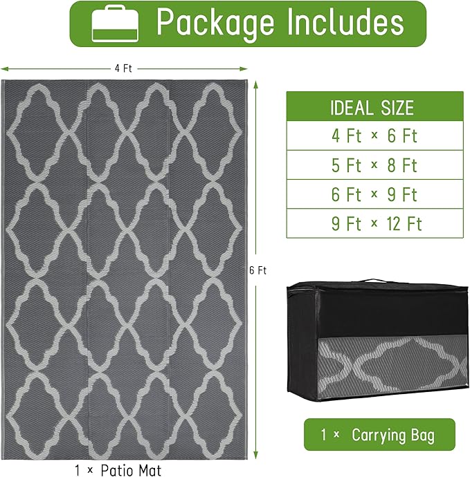 Easy-Going Reversible Outdoor Rugs 4x6ft Waterproof Plastic Straw Rug Stain & UV Resistant Floor Mat for Patio Porch RV Backyard Pool Deck Picnic Beach Trailer Camping (Moroccan Grey & Light Grey)