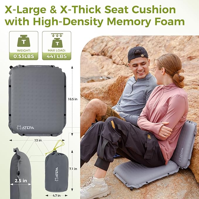 ATEPA Inflatable Stadium Seat Cushion, Self-Inflating Memory Foam Stadium Seats Camping Accessories Chair Pad for Outdoor Airplane Travel Bleacher Patio Backpacking
