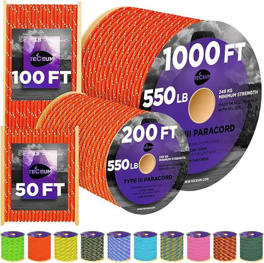 TECEUM Heavy Duty Rope 1000 – 1000ft / 200ft / 100ft / 50ft – 40+ Colors – Utility Rope for Survival & Camping Gear – Nylon String, Camping Rope, para Cord, Utility Nylon Rope, Tent Cord