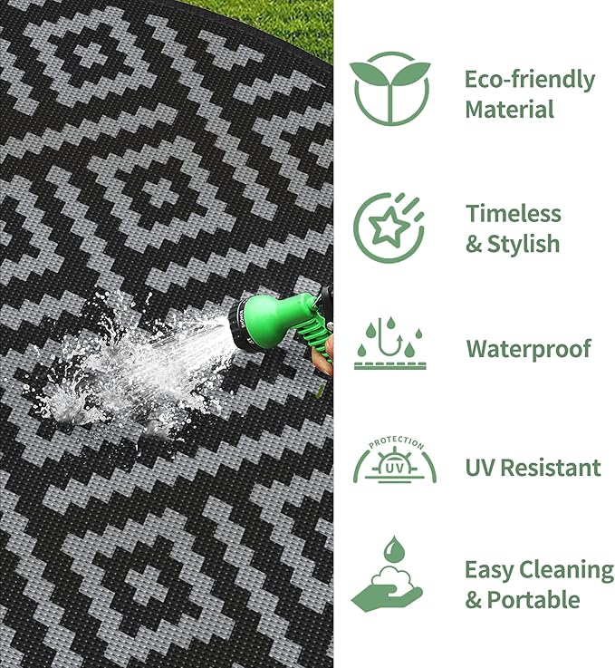 GENIMO 8' Round Outdoor Rug for Patios Clearance, Reversible Plastic Straw Rugs, RV Camping Mat for Camper, Balcony, Backyard, Picnic, Deck, Black & Gray