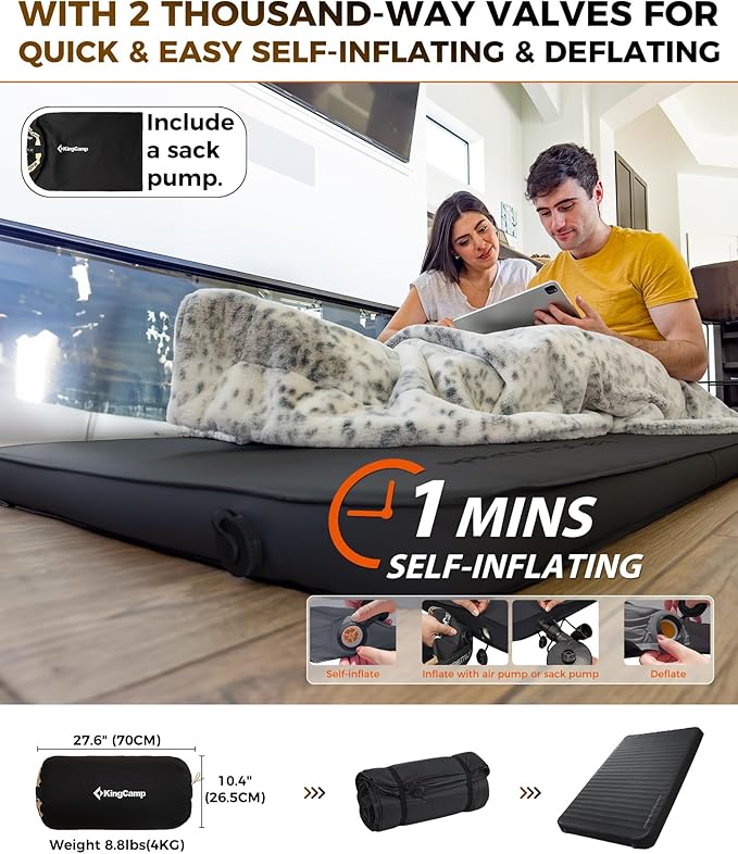 KingCamp Self Inflating Sleeping Pad for Camping Ultra Thick Double Single Foam Mattress High R Value Camping Air Pad Mat, Multi Colors & Sizes