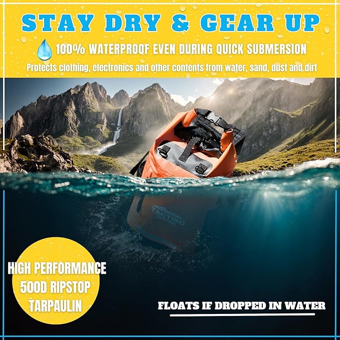 TACTIKO 30L Heavy-Duty 100% Waterproof Backpack, Roll Top Dry Bags for Kayaking, Hiking, Camping, Survival