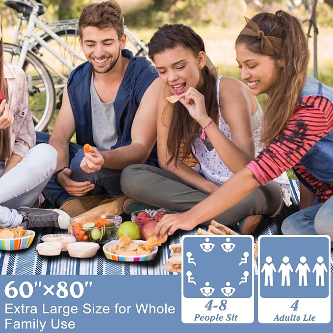 Oversized Waterproof Picnic Mat, Outdoor Beach Mat. Suitable for Camping, Outdoor, Beach, Party and Concert. (Dark Blue & Light Blue, 80" x 60")