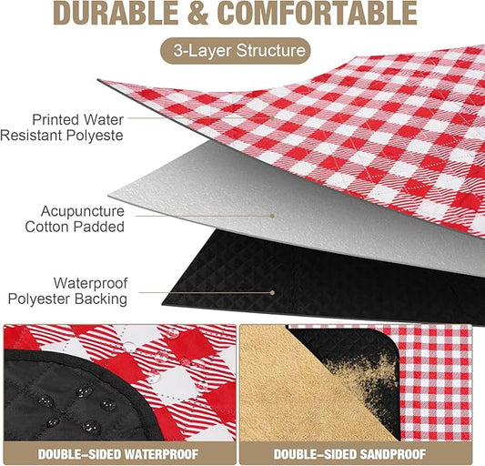 G GOOD GAIN Picnic Blankets Outdoor Extra Large - 80"x80" Portable Waterproof Picnic Blanket, Machine Washable 3-Layer Foldable Park Mat with Sandproof Backing for Grass, Hiking, Travel (Red)