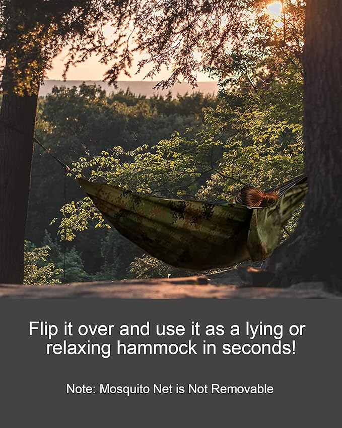 Camping Hammock with Mosquito Net - Ultra Lightweight Durable Double/Single Travel Hammock 210T Parachute Nylon with Tree Straps 660lbs Capacity for Garden Camping Backpacking, Camo