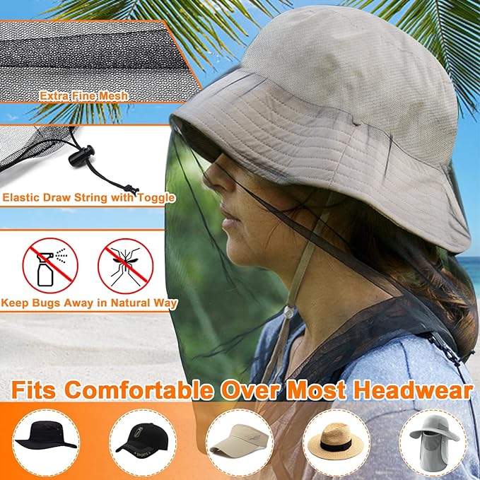 Benvo Mosquito Head Net Mesh, Face Neck Fly Netting Hood from Bugs Gnats Noseeums Screen Net for Any Outdoor Lover- with Carry Bags Fits Most Sizes of Hats Caps (2pcs, Black and Grey, Updated Big Net)