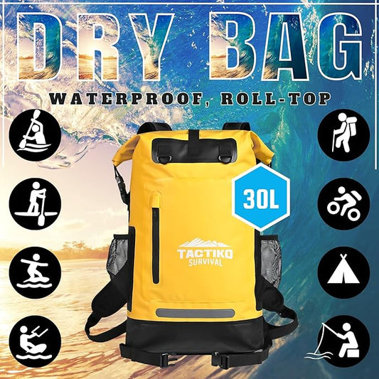 TACTIKO 30L Heavy-Duty 100% Waterproof Backpack, Roll Top Dry Bags for Kayaking, Hiking, Camping, Survival