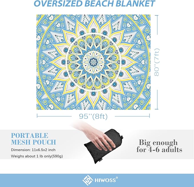Beach Blanket Waterproof Sandproof Oversized 95”x 80”,Sand Free Beach Mat with Corner Pockets,Portable Mesh Bag for Beach Festival,Picnic,Travel and Outdoor Camping (Oceansunyellow)