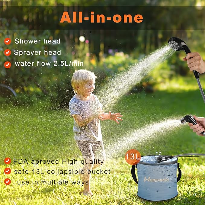 Portable Shower Camping Outdoor Camp Shower Pump, Rechargeable Battery Powered Shower 2 Head with Foldable Collapsible Bucket, Large Water Flow for Hiking, Traveling, Beach Washing Cleaning