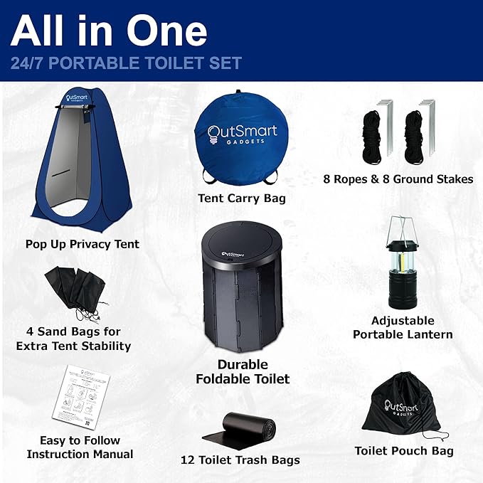 Outdoor Portable Toilet Set for Adults with Camping Night Lantern, Folding XL Toilet, Pop Up Privacy Tent and Carry Bags, Multipurpose Potty, Washable and Foldable for RV Travel