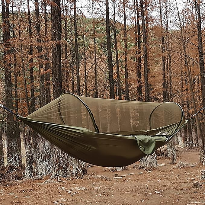LFL Camping Hammock with Mosquito Net, Portable Hammock with Net, 1 & 2Persons Outdoor Swing Hammock, Nylon Parachute Material Outside Quick Opening, Hiking Travel Courtyard (Green)