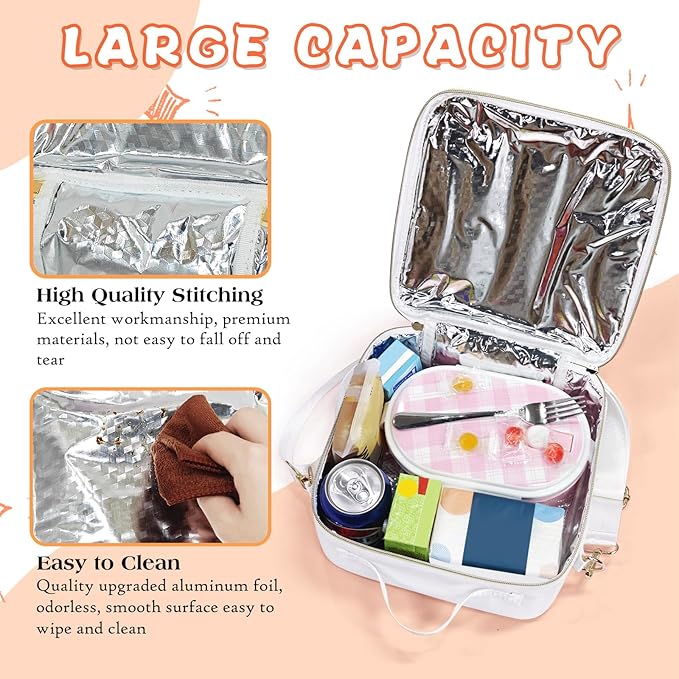 Insulated Lunch Bag Women Lunch Box Kids for Teen Girls Boys, Cute Preppy Lunch Boxes With Adjustable Shoulder Strap, Waterproof Nylon Lunchbox Lunch Bags for School Work Picnic (White)