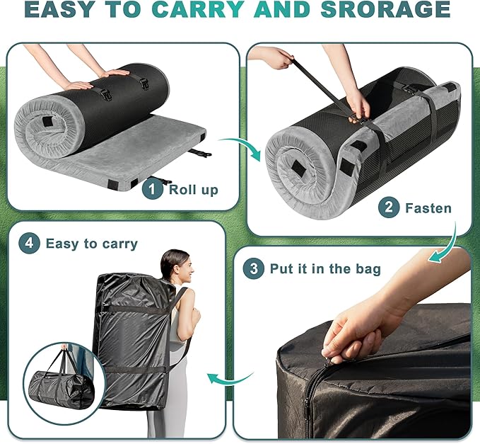 Memory Foam Camping Mattress Pad, CertiPUR-US Waterproof Portable Roll Up Mattress for Adults, Thick Floor Sleeping Mat Pad for Car Truck Tent with Travel Bag