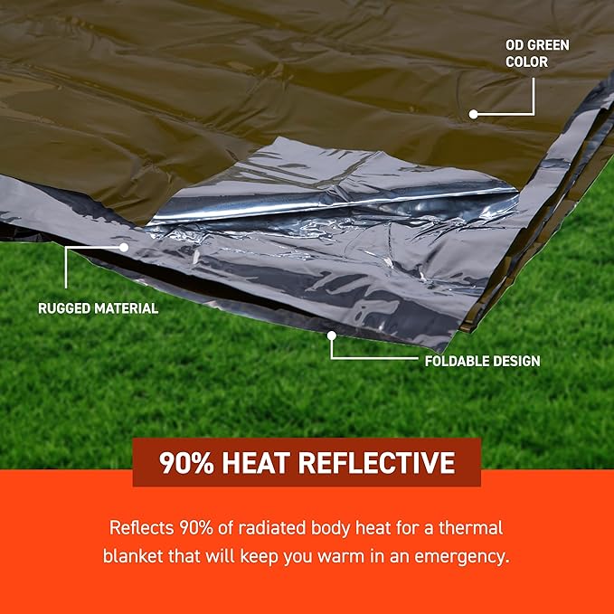 S.O.L. Survive Outdoors Longer 90% Heat Reflective Heavy-Duty Emergency Blanket - Thick, Rugged for Disaster Preparedness Kit - Waterproof, Windproof, Tear-Resistant - 58" x 98", 3.2 oz, Green