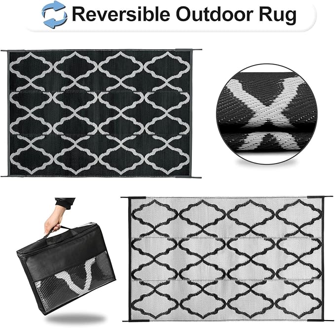 OutdoorLines Outdoor Plastic Area Rugs for Patio 9x12 ft - Reversible Outside Carpet, Stain & UV Resistant RV Mats, Straw Rug for Camping, Deck Garden, Porch and Balcony, Moroccan Black & Light Grey