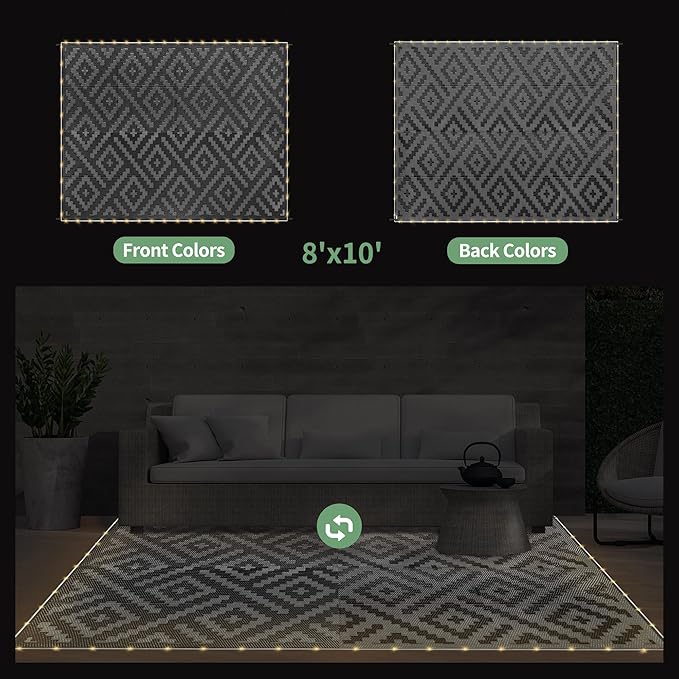 GENIMO Outdoor Rug with LED Strip Lights, 8'x10' Waterproof Camping Mat, Reversible Plastic Straw Rugs for Patio, RV, Camper, Balcony, Backyard, Picnic, Deck, Black & Gray