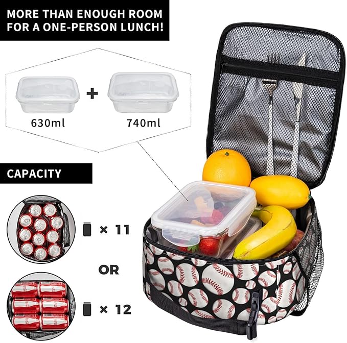 Baseball Ball Lunch Bag Insulated Reusable Lunch Box Thermal Cooler Tote For Men Women Work Travel Picnic Hiking