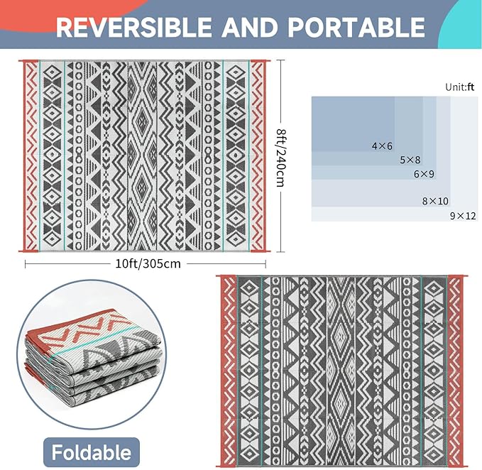 Outdoor Rugs Patio Camping Waterproof - 8x10 Plastic Straw Patio Rug Portable for Campers, Outside RVs Mat, Outdoor Area Carpet for Patios Clearance, Backyard Porch, Balcony, Picnic