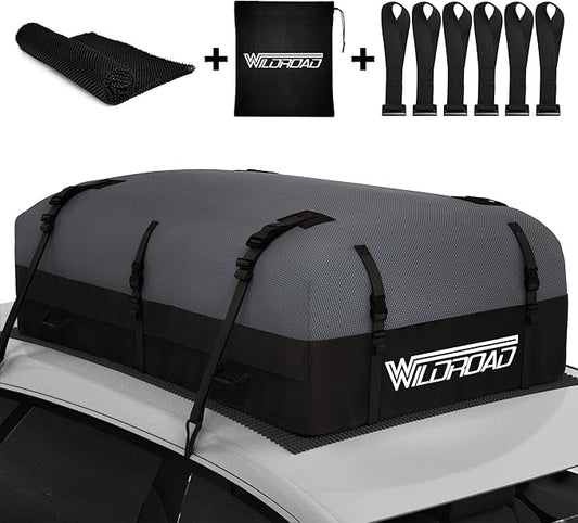 Rooftop Cargo Carrier Bag, WILDROAD 21 Cubic Feet 600D Ultra Anti-Tear Fabric Waterproof Car Roof Bag, Soft-Shell Roof Bag with Storage Bag, Anti-Slip Mat and 6 Door Hooks Fits Car with/Without Racks