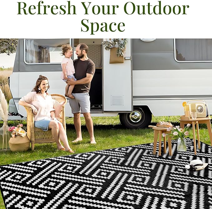 OPPODREAM Outdoor Rug 9x12 Patio Waterproof, Large Outdoor Plastic Straw Rug, Reversible Out Door Carpet for Camping, Deck, Rv, 9 x 12 Area Carpet for Balcony, Porch, Backyard, Black and White