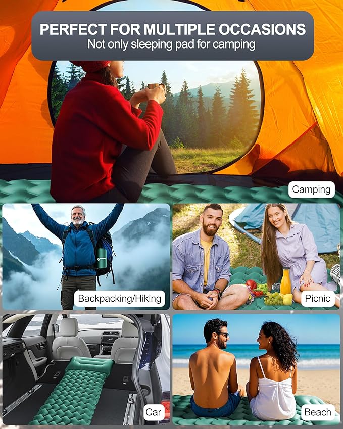 Inflatable Camping Sleeping Pad with Pillow & Foot Pump, 3"x79"x26" Single Camping Air Mattress, Compact Roll-Up, Quick-Dry & Durable Sleeping Mat for Backpacking, Hiking, Tent, Travel – Lake Green