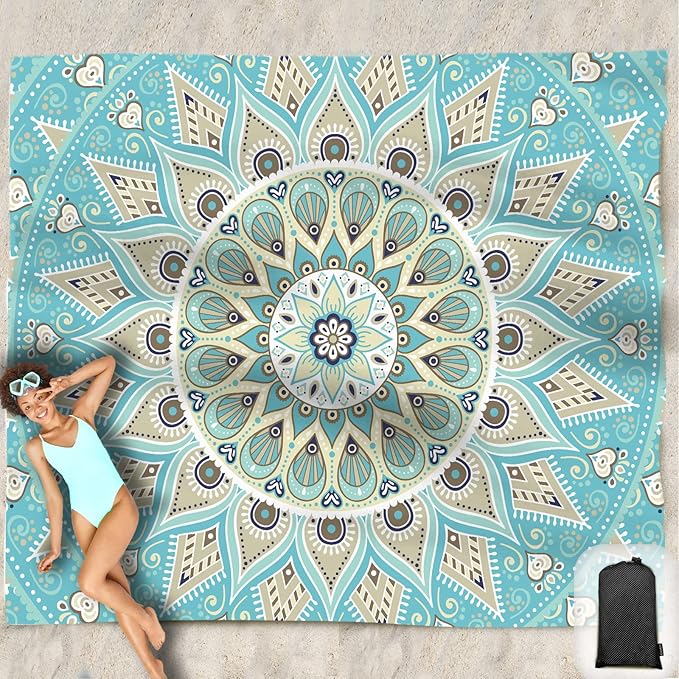 Beach Blanket Waterproof Sandproof Oversized 95”x 80”,Sand Free Beach Mat with Corner Pockets,Portable Mesh Bag for Beach Festival,Picnic,Travel and Outdoor Camping (Tealish Green)