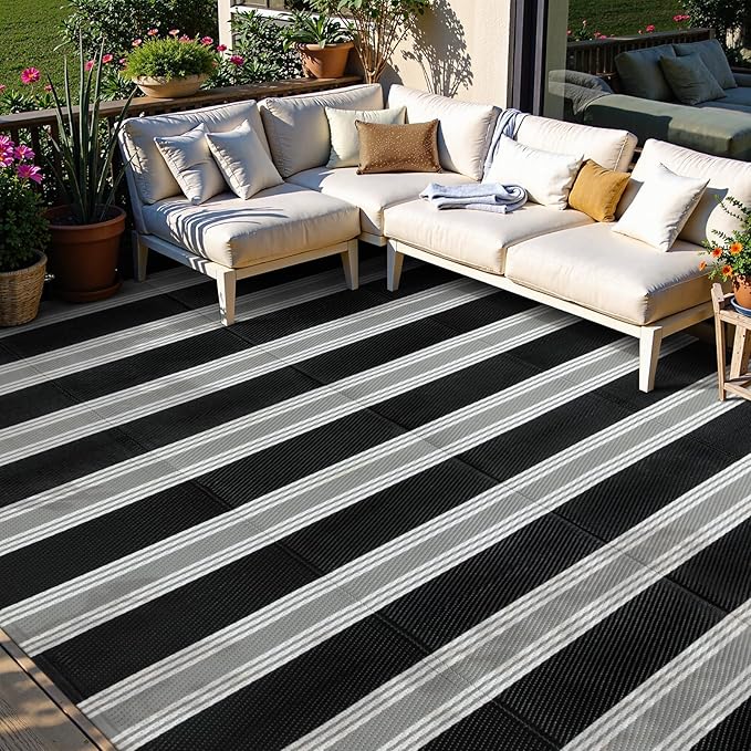 Lahome Striped Outdoor Plastic Straw Rug, Reversible Outdoor Rug Waterproof 9x12 Rugs for Patio, RV Camping Rug Picnic Mat Outside Large Carpet for Beach Deck Backyard Balcony(Black/Grey,9'x 12')