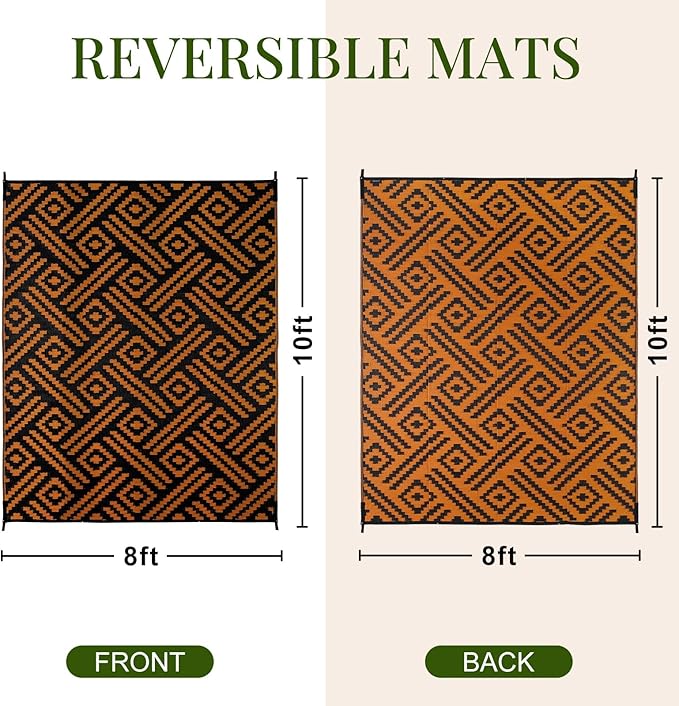 OPPODREAM Outdoor Rug 8x10 Patio Waterproof, Large Outdoor Plastic Straw Rug, Reversible Out Door Carpet for Camping, Deck, Rv, 8 x 10 Area Carpet for Balcony, Porch, Backyard, Black and Orange