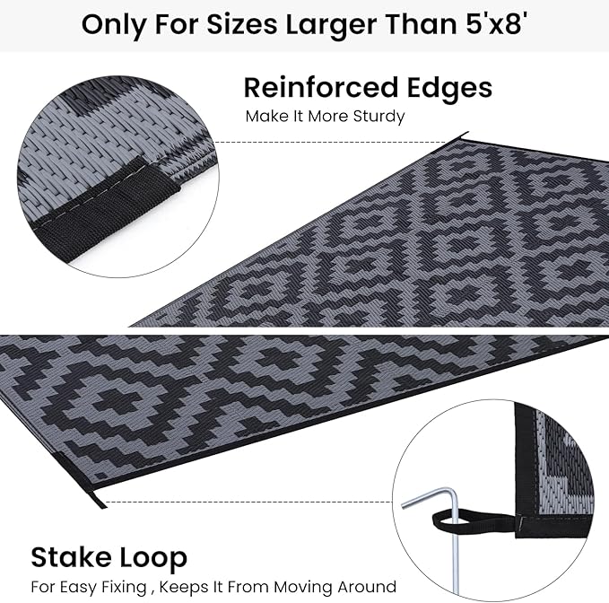 Smiry Waterproof Outdoor Rug 8x10 ft, Reversible Plastic Straw Patio Camping Rugs, Outdoor Indoor RV Mat Carpet for Patio, Outside Entry, Backyard, Deck, Bench, Picnic, Camper, Black & Grey