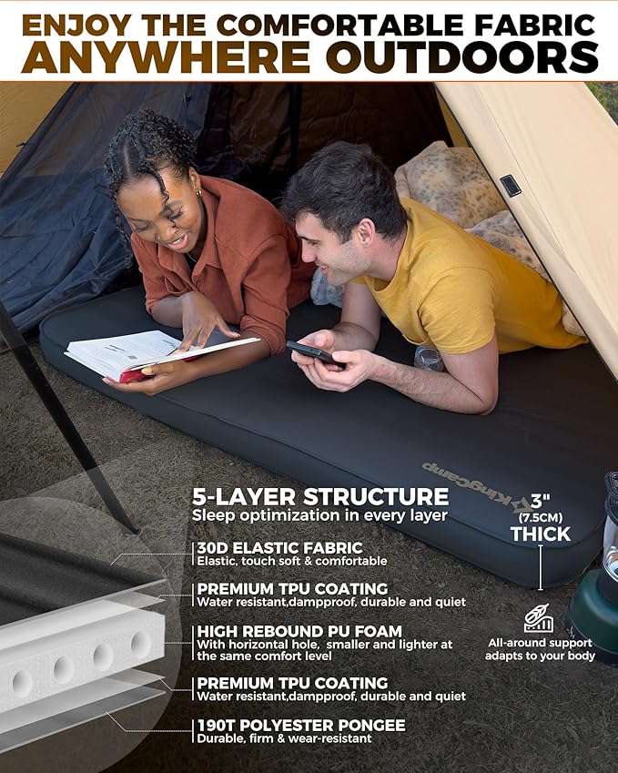 KingCamp Double Sleeping Pad, 2 Person Queen R 7.9 Self Inflating Sleeping Pad, 3" Thick Full Size Foam Mattress Mat with Air Pump for Outdoor Camping Tent Car, PVC Free (Black)