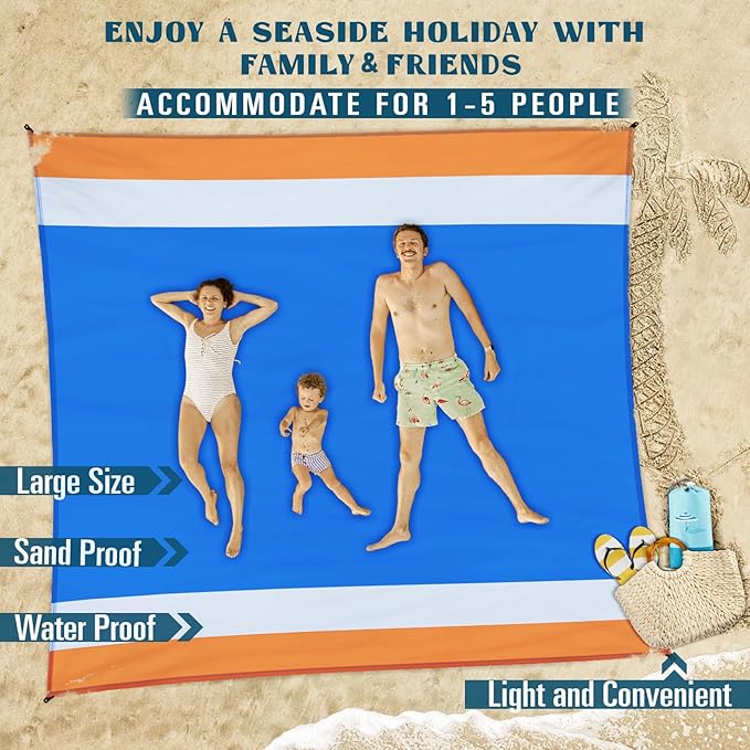 Beach Blanket Sandproof Waterproof 78''×81''1-5 Adults Oversized,Compact Lightweight Durable Beach Mat for Travel Camping Hiking Picnic Blanket