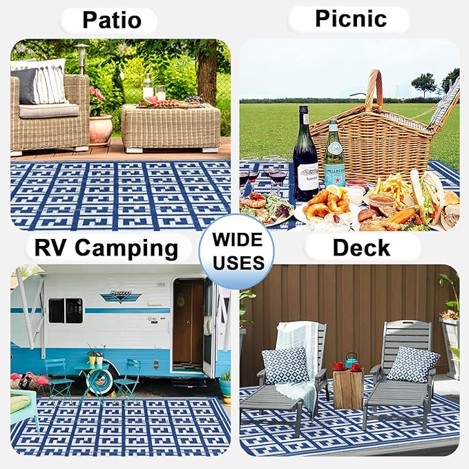 OutdoorLines Outdoor Plastic Area Rugs for Patio 4x6 ft - Reversible Outside Carpet, Stain & UV Resistant RV Mats, Straw Rug for Camping, Deck Garden, Porch and Balcony, Geometry Navy & Light Grey