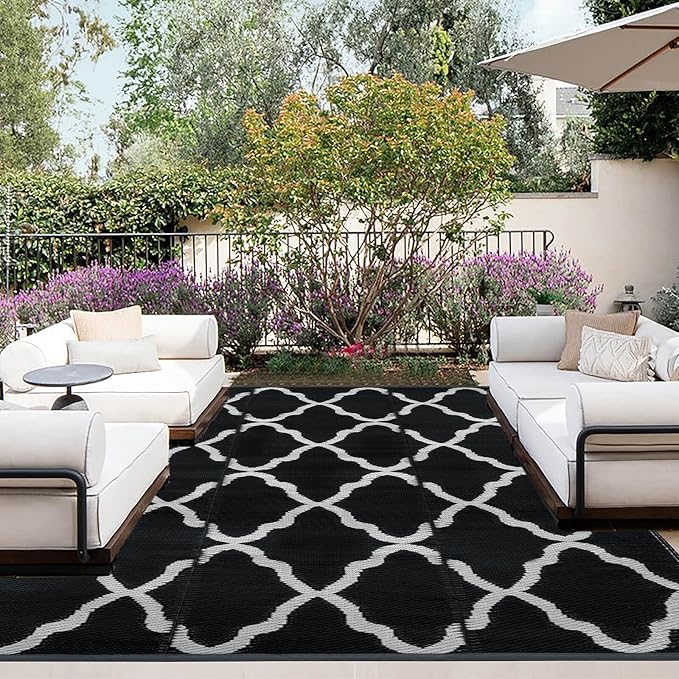 OutdoorLines Outdoor Plastic Area Rugs for Patio 9x12 ft - Reversible Outside Carpet, Stain & UV Resistant RV Mats, Straw Rug for Camping, Deck Garden, Porch and Balcony, Moroccan Black & Light Grey