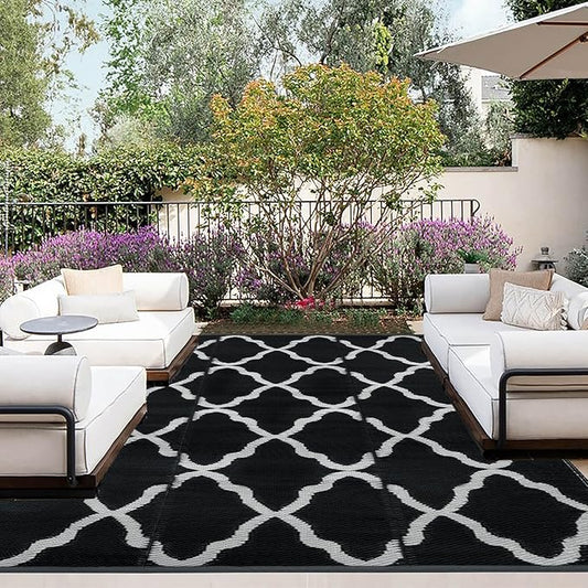 OutdoorLines Outdoor Plastic Area Rugs for Patio 9x12 ft - Reversible Outside Carpet, Stain & UV Resistant RV Mats, Straw Rug for Camping, Deck Garden, Porch and Balcony, Moroccan Black & Light Grey