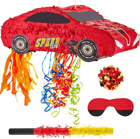 4 Pcs 15.7 Inch Race Car Piñata with Pull Strings, 3D Car Piñata with Blindfold Bat Confetti Double Sided, Race Cars Photo Booth Props for Boy Race Car Theme Birthday Baby Shower Party Supplies