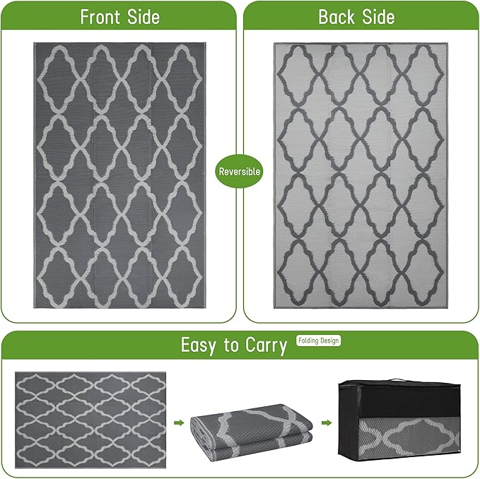 Easy-Going Reversible Outdoor Rugs 4x6ft Waterproof Plastic Straw Rug Stain & UV Resistant Floor Mat for Patio Porch RV Backyard Pool Deck Picnic Beach Trailer Camping (Moroccan Grey & Light Grey)