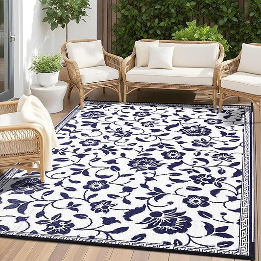 OLANLY Waterproof Outdoor Rug 9x12 ft, Outdoor Plastic Straw Rug with Flower Pattern, Reversible RV Mat for Patio, Camping, Balcony, Deck, Backyard, Navy & White