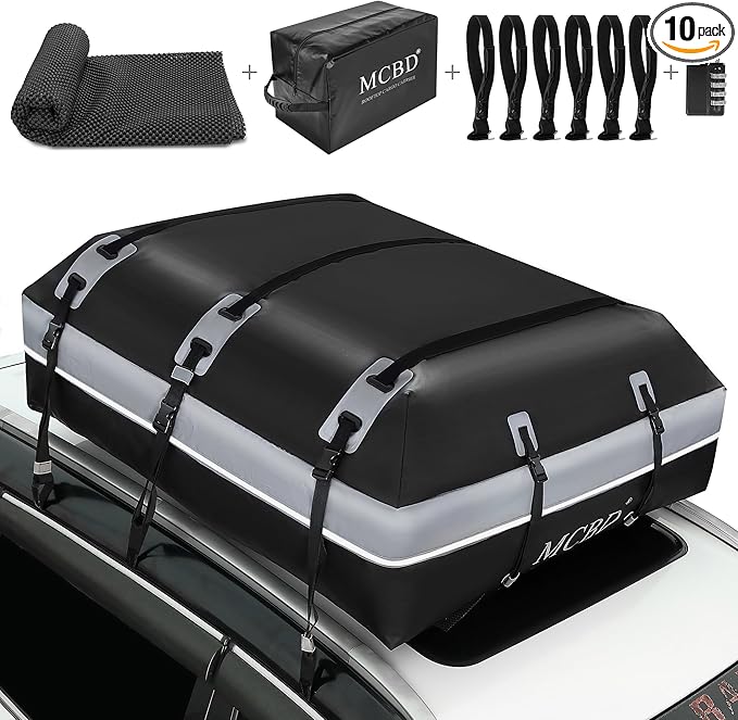 Rooftop Cargo Carrier, 21 Cubic Feet Soft-Shell Waterproof Car Roof Luggage Bag for All Vehicles SUV with/Without Rails, Includes 10 Reinforced Straps + 6 Door Hooks,Storage Bag,Anti-Slip Mat