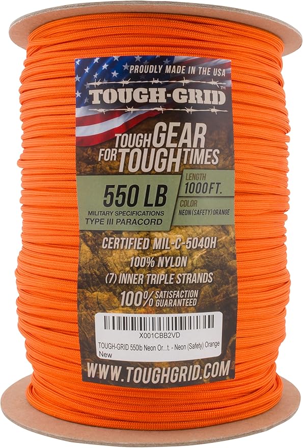 TOUGH-GRID Premium Neon Orange Paracord 550 lbs Made in USA Outdoor Survival Nylon Rope Tactical Heavy Duty Strands Parachute Cord Used by US Military Type III Mil-Spec