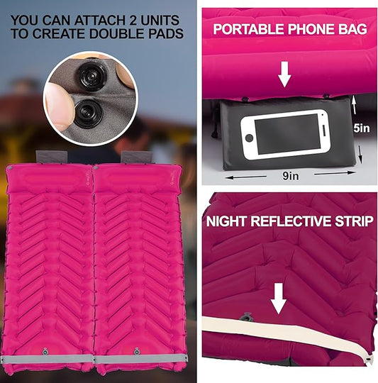 Sleeping Pad with Pillow, Self Inflating Extra-Thick, Ultralight Sleeping Mat, Built-in Pump, Ultimate for Camping, Hiking, Traveling, Airpad, Carry Bag, Compact & Lightweight Air Mattress (Purple)