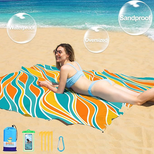 BYDOLL Beach Blanket Waterproof Sandproof 78''×81'' 1-7 Adults Oversized Lightweight Large Picnic Mat Waterproof Sandproof Blanket for Beach