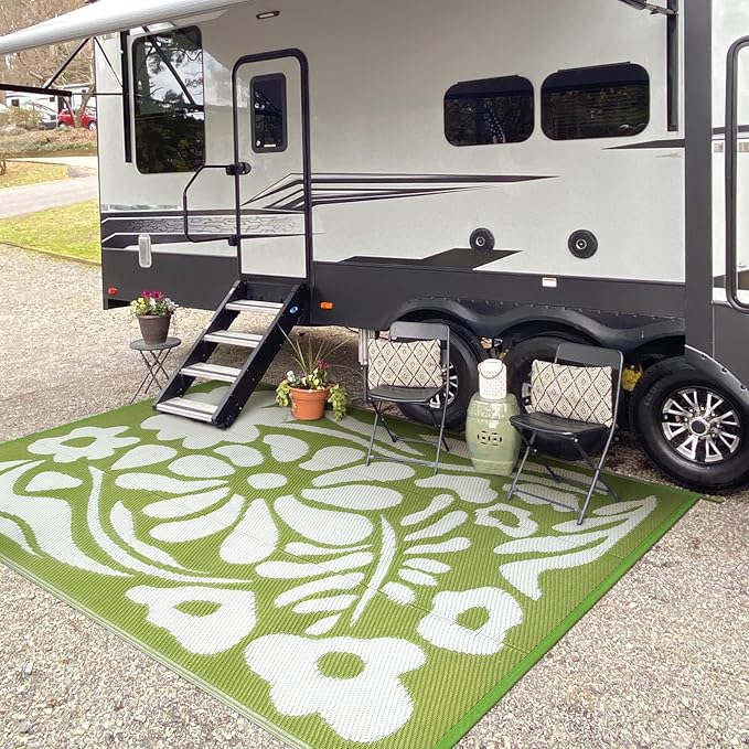 Wonnitar Outdoor Rugs 6x9 Waterproof, Plastic Straw RV Rugs for Outside, Large Portable RV Outdoor Rugs for Camping, Reversible Green Flower Picnic Mat for Camper Garden Tent (Green Flower, 6'x9')