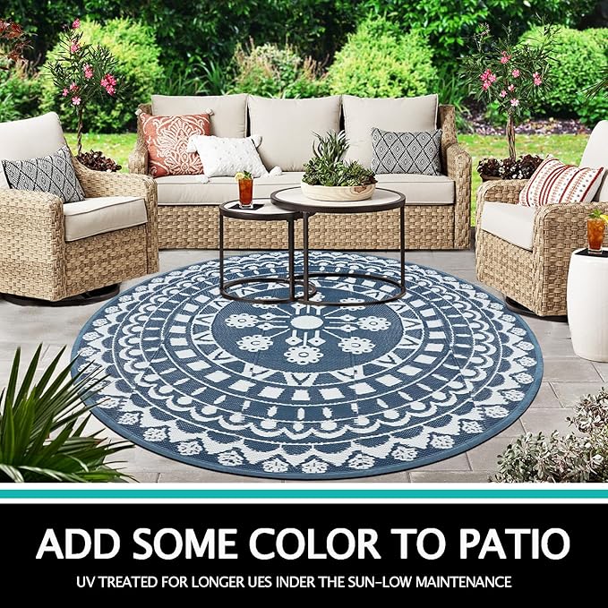 Capslpad 6Ft Round Outdoor Rug for Patios Clearance Reversible Mat Plastic Straw Patio Rugs Lightweight RV Camping Mat Circle Outside Area Rug Carpet for Balcony Deck Trailer Picnic,Blue