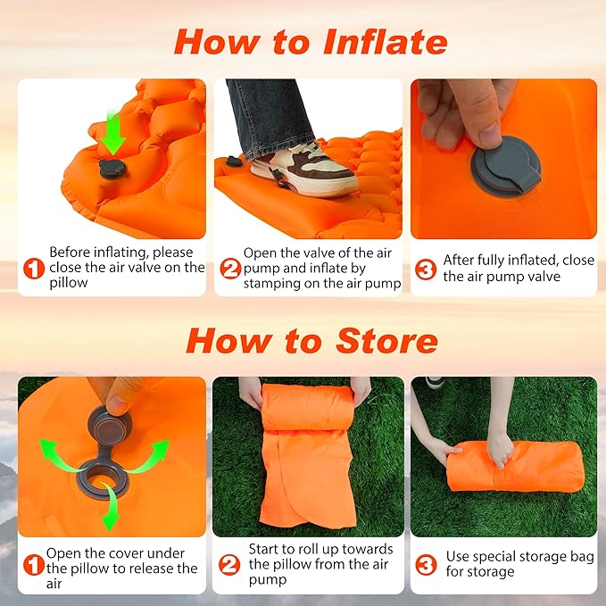 Self Inflating Sleeping Mat Ultralight Inflatable Sleeping Pad for Camping with Pillow Built-in Foot Pump Backpacking for Hiking Traveling Tent, Grey (Orange-Double)