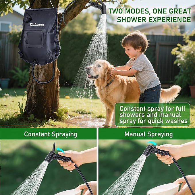 Portable Shower for Camping with 5-Gallon Solar Shower Bag,Temperature Gauge & Dual Spray Modes,Solar Heating PVC for Hot Showers,Perfect for Camping,Hiking,Beach Trips & Outdoor Adventures