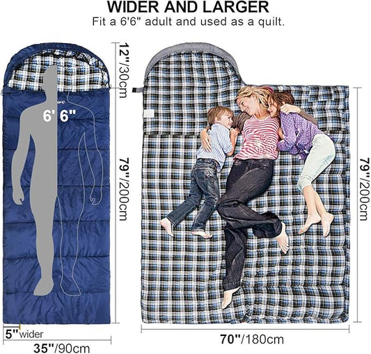REDCAMP Flannel Sleeping Bag for Adults, Comfortable Cotton Sleeping Bags for Camping with Detachable Hood, Red/Grey/Blue