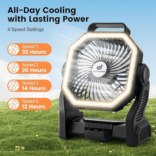 Odoland Camping Fan with LED Lantern, 20000mAh Rechargeable Battery Operated Fan, Portable Outdoor Light with Rotation Hook for Picnic Power Outage Hurricane Emergency Home Patio, Black