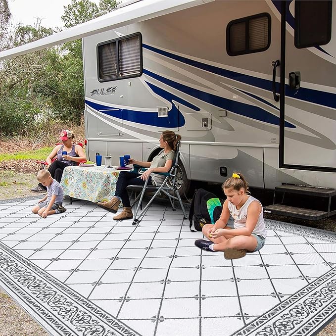 HiiARug Outdoor Rug 9'x18' for Patios Clearance, Reversible Outdoor Plastic Straw Waterproof Camping Carpet, Large Area Rugs Patio Mats for Outside RV, Camper, Deck, Porch, Beach, Picnic, Grey&White