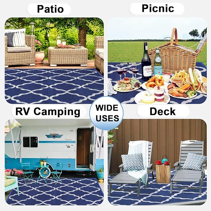 OutdoorLines Outdoor Plastic Area Rugs for Patio 9x12 ft - Reversible Outside Carpet, Stain & UV Resistant RV Mats, Straw Rug for Camping, Deck Garden, Porch and Balcony, Moroccan Navy & Light Grey