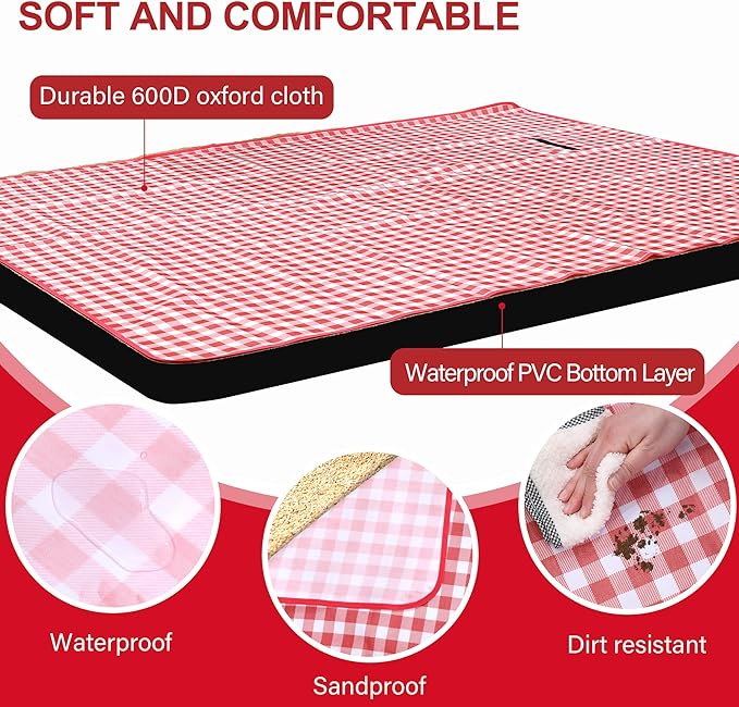 Picnic Blanket Outdoor Extra Large Picnic Mat 80"X60" Camping Blanket Beach Blanket Foldable Waterproof Sand Mat Hiking Travel Family Concerts(Red)